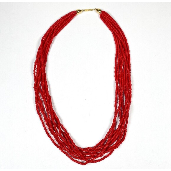 Vtg Trifari Statement Necklace Multi Strand Red Seed Beaded Intricate Layered - Picture 2 of 7